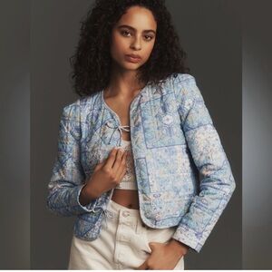 ⚡️Anthropology DOLAN Light Blue Floral Quilted Bow Front Lady Jacket